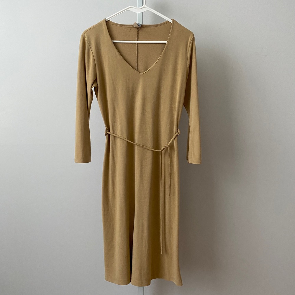 VTG Cotton Office Siren Academia Clean Minimalist Midi Dress Small Tan